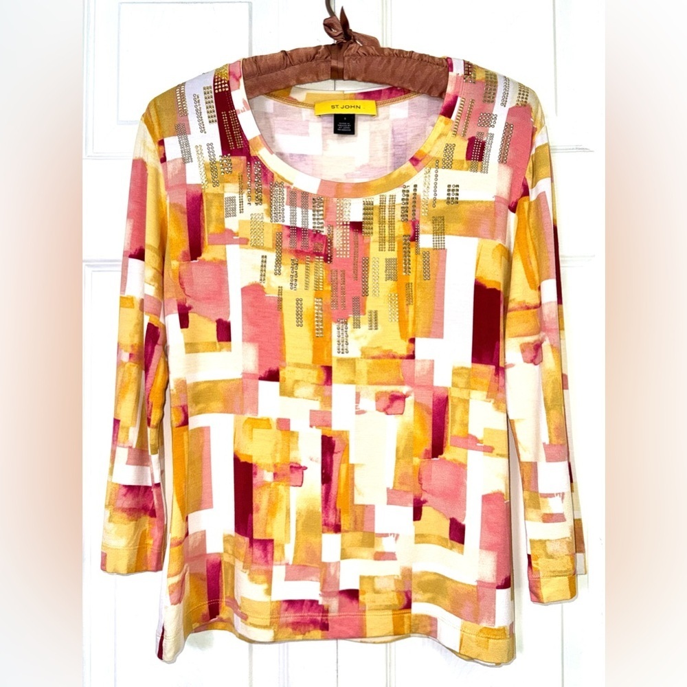 St. John Sport Crystal Embellished Abstract Print Blouse – Size S
